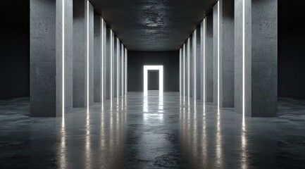 Dark concrete hallway with bright light pillars