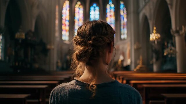 Woman with her back to the camera, facing empty church pews and stained glass windows