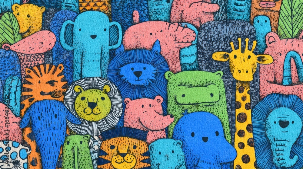Poster a lively array of cartoon animals of various species and colors gather together, embodying joy and u