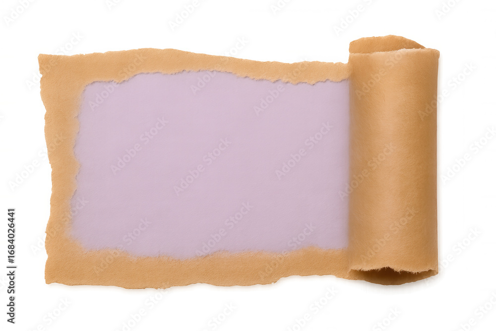 Poster paper roll curling over vivid purple backdrop, creating textural interplay with translucent surface,