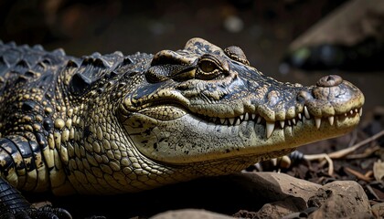 Fototapeta premium Close-up of a captivating young crocodile, displaying intricate scales and sharp teeth, resting on a natural ground.