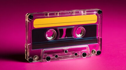 Photo showing a close-up of a classic, transparent cassette tape from the 1980s.