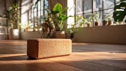 Cork yoga block on light wood floor, sunlit studio