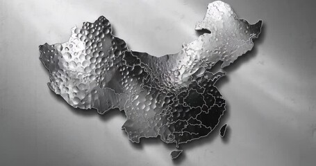 Shifting specular highlight crossing 3D metallic map of China in studio, illuminating provinces - Powered by Adobe