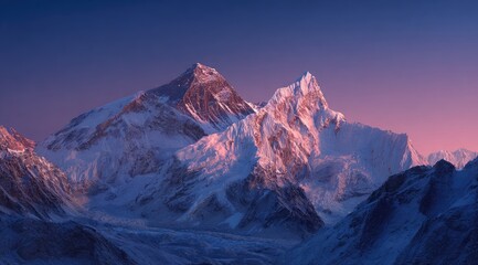 Fototapeta premium Majestic snow-capped peaks bathed in a vibrant sunrise or sunset. Mountain ranges dominate the landscape, their snow-covered summits illuminated by a soft, colorful light