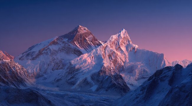 Majestic snow-capped peaks bathed in a vibrant sunrise or sunset.  Mountain ranges dominate the landscape, their snow-covered summits illuminated by a soft, colorful light