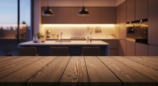 Brown wooden table surface with blurred modern kitchen background, showcasing free space for product placement or text, ideal for advertisement or design mockups