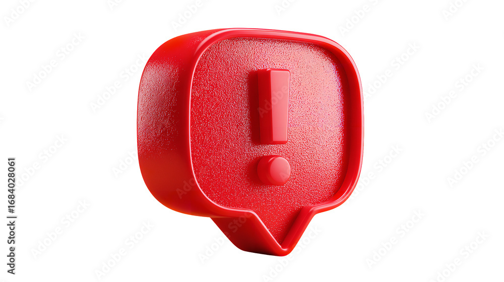 Poster shiny vibrant red exclamation mark inside speech bubble alert on transparent background