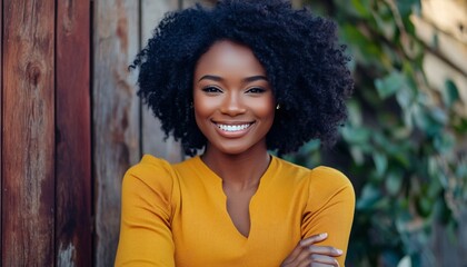 A young Black woman with dark curly hair smiles at the camera while wearing a mustard yellow long sleeve top against a wooden background and greenery.