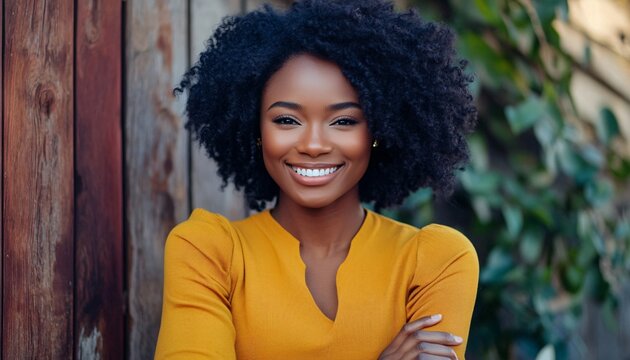 A young Black woman with dark curly hair smiles at the camera while wearing a mustard yellow long sleeve top against a wooden background and greenery. - Powered by Adobe
