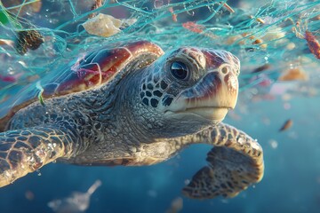Fototapeta premium Sea turtle swimming among ocean plastic waste highlighting ocean pollution and environmental crisis. Marine life endangered by human waste. Sea turtle trapped in polluted ocean 