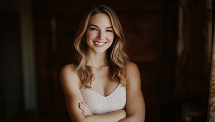 Naklejka premium A young woman with long blonde hair and a bright smile poses for a portrait against a dark background while wearing a light-beige top.