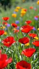 Fototapeta premium Vibrant red poppies bloom in a sun-drenched summer meadow, swaying gently in the breeze, a picturesque scene of wildflowers and green grass, flower, day, natural