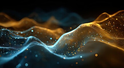 Abstract digital waves of shimmering particles in blue and gold.  A dynamic, flowing, textured design with glowing specks