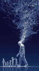 Abstract glowing father figure walking and guiding diverse children figures, with bright starry energy emanating into a deep dark blue universe, deep reflection.