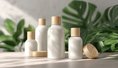 White cosmetic bottles with wooden caps, nestled amongst lush greenery, on a light-colored surface, bathed in soft sunlight