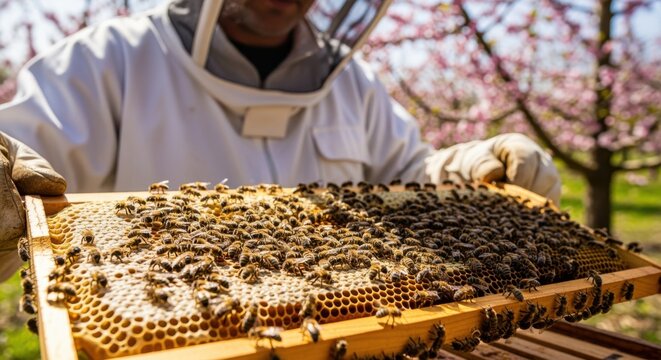 Closeup of a beekeeper gently handling a hive frame covered with busy bees showcasing natural pollination in a lush orchard setting.