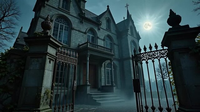 Mysterious Victorian mansion under a full moon with an open gate creating an eerie, inviting atmosphere.