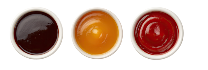 Three small bowls of sauces, top view