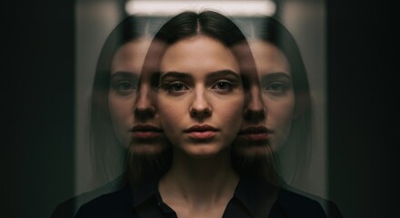 Surreal Portrait of Woman with Multiple Reflections in Glass