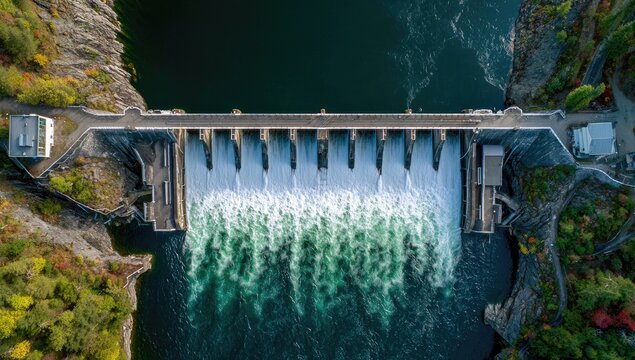 Aerial view of a dam, water rushing through spillways