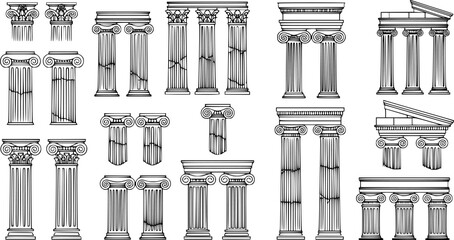 Line Greek pillars and Roman columns, ancient architecture and antique buildings, vector icons. Greece or Rome architecture column pillars of marble stone in line art with pilasters and ornate cornice