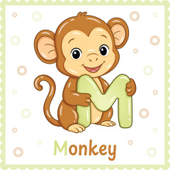 Letter M with Monkey Cute Educational Alphabet Flashcard for Kids