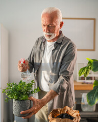 Senior man watering plants in modern apartment: cultivating green hobby
