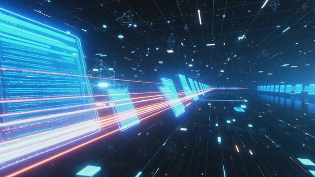 Futuristic data stream with glowing documents flying through digital space. Concept of AI data transfer, blockchain, and secure information exchange. Design for banner, poster, wallpaper, header.