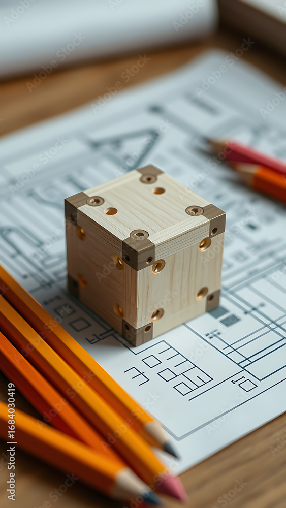Poster wooden cube prototype on blueprint with pencils vertical