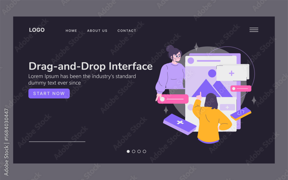 Poster drag-and-drop interface vector illustration with teamwork