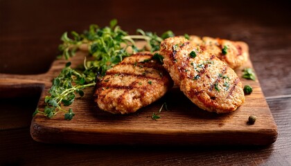 grilled chicken cutlets garnished with fresh herbs on a rustic wooden board in warm lighting