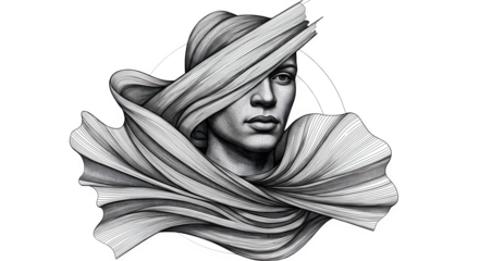 Striking monochrome portrait of a woman wrapped in flowing fabric artwork style