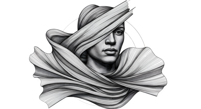 Striking monochrome portrait of a woman wrapped in flowing fabric artwork style