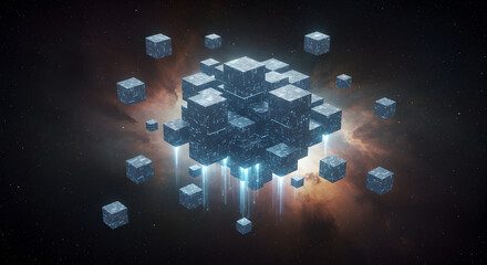Abstract futuristic cubes floating in space against a nebula background art