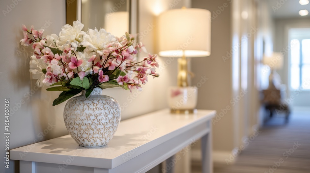 Aufkleber medium shot capturing a sleek entryway console table with decorative vase in sharp focus while the h
