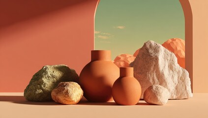 Muted terracotta and stone still life with archway