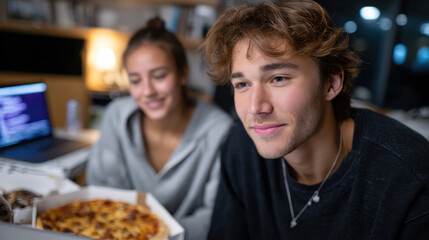 A cozy indoor scene with a young couple enjoying pizza and using a computer while smiling, capturing a moment of relaxation and connection in their personal space.
