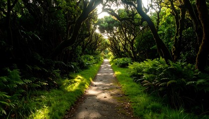 Sunlight path through lush forest