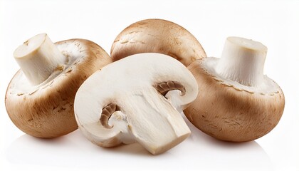whole and sliced button mushrooms isolated on white background