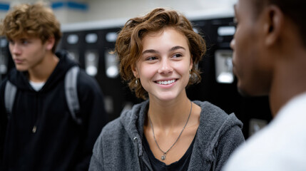 Two teens share a joyful moment in a school locker area, conveying friendship and excitement while surrounded by other peers, encapsulating the essence of youthful camaraderie.