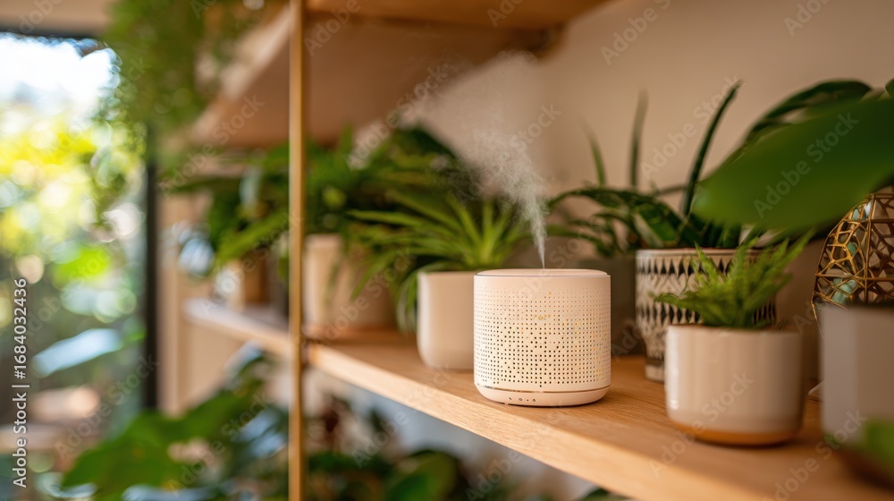 Poster medium shot of a stylish diffuser releasing mist on a shelf with blurred greenery and modern decor e
