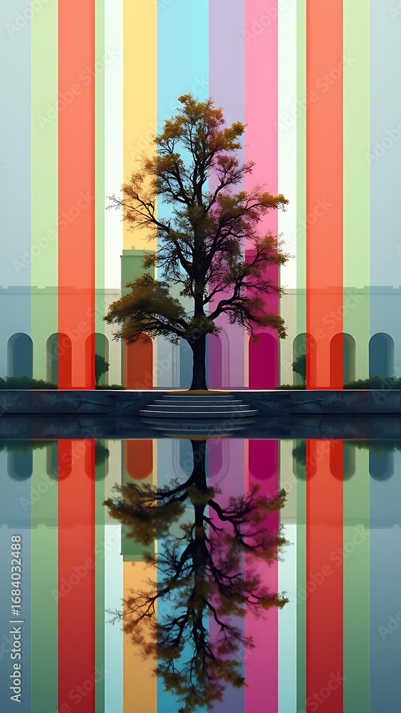 Poster surreal color block illustration of architecture with tree and water reflection vertical