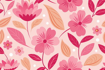 Vector art of seamless floral pattern with pink flowers and leaves on a light pink background, creating a vibrant and decorative textile design for various applications