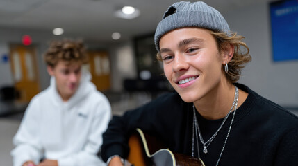 A young man with a guitar smiling while playing in a casual indoor setting, highlighting a sense of creativity and connection through music and shared enjoyment with friends.