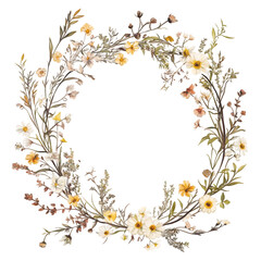 Delicate wildflowers form a circular wreath, showcasing a blend of colors and textures