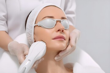 Woman receiving professional laser facial treatment in beauty clinic for skin rejuvenation and anti aging cosmetic therapy. Aesthetic laser procedure. Cosmetic dermatology. Aesthetic clinic