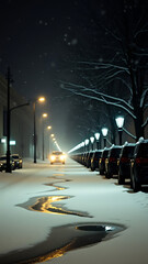 Snowy Night Scene With Illuminated Street and Puddles vertical