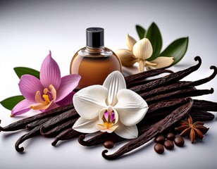 aromatic vanilla beans cacao pods and orchid flower create a luxurious and sophisticated fragrance composition perfect for perfume or cosmetic