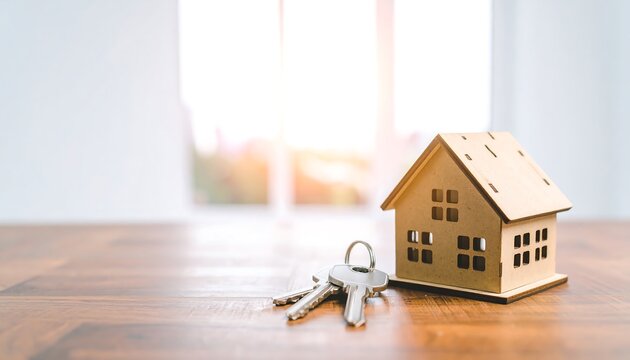Miniature house and keys on wooden table, blurred background with window